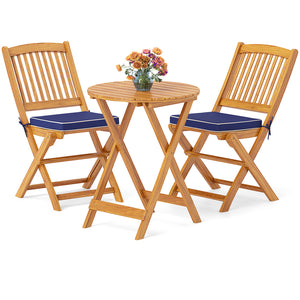 3-Piece Folding Acacia Wood Bistro Set with Soft Cushions - Navy Blue