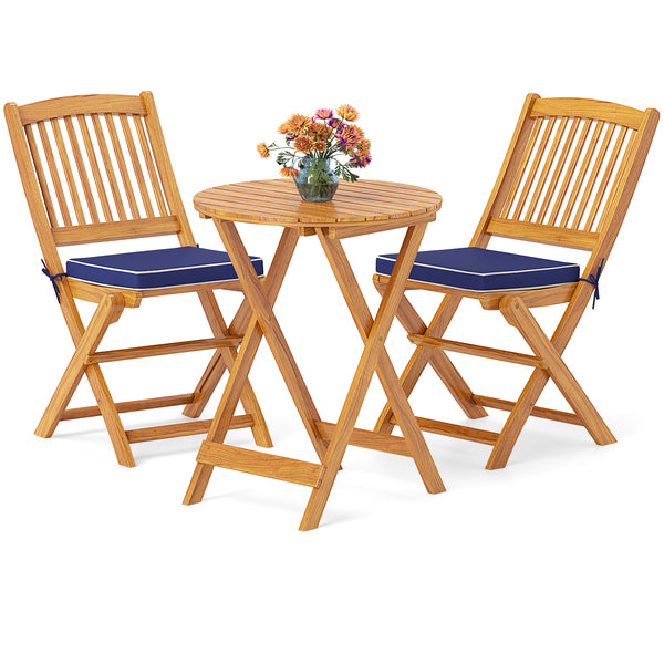 3-Piece Folding Acacia Wood Bistro Set with Soft Cushions - Navy Blue