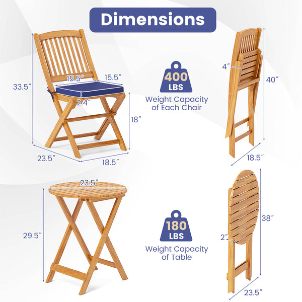 3-Piece Folding Acacia Wood Bistro Set with Soft Cushions - Navy Blue