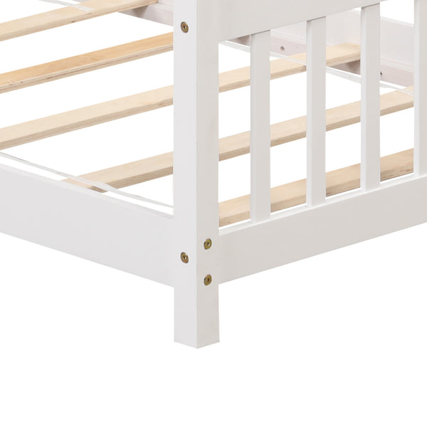 Twin wooden cabin bed with roof - White