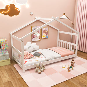 Wooden cabin-style single bed for children with a roof