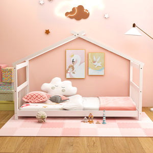 Wooden cabin-style single bed for children with a roof