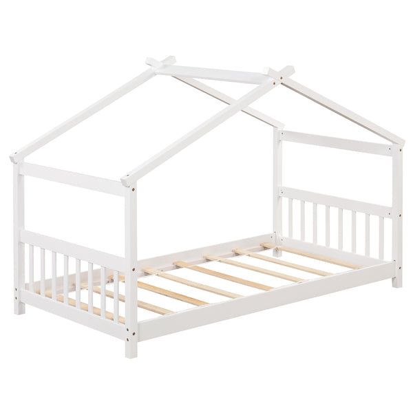 Wooden cabin-style single bed for children with a roof