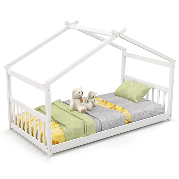 Wooden cabin-style single bed for children with a roof