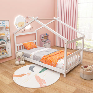 Wooden cabin-style single bed for children with a roof
