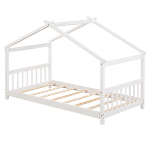Twin wooden cabin bed with roof - White
