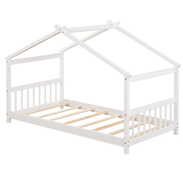 Wooden cabin-style single bed for children with a roof