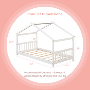 Wooden cabin-style single bed for children with a roof