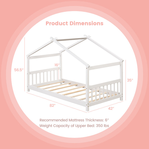 Wooden cabin-style single bed for children with a roof
