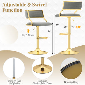 Set of 2 swivel bar stools in Dutch velvet, adjustable height, grey