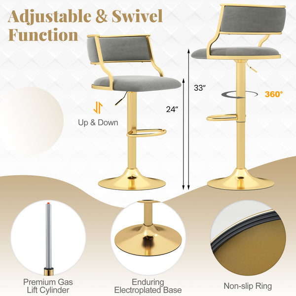 Set of 2 swivel bar stools in Dutch velvet, adjustable height, grey