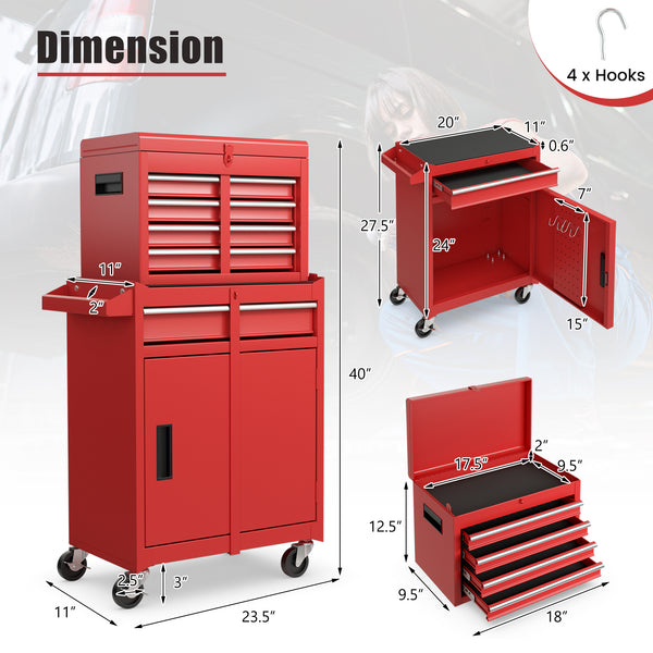 2-in-1 Tool Chest and Cabinet with 5 Sliding Drawers - Red