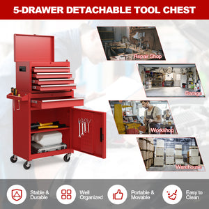 2-in-1 Tool Chest and Cabinet with 5 Sliding Drawers - Red