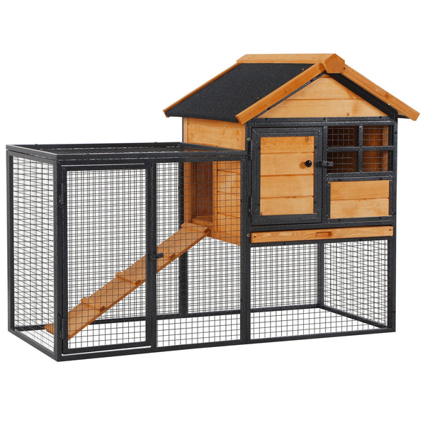 Outdoor hutch with run, sturdy metal frame, asphalt roof, and access ramp