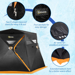 Insulated ice fishing shelter for 4 people, portable and foldable with carry bag and two doors, for temperatures down to -30°C, black