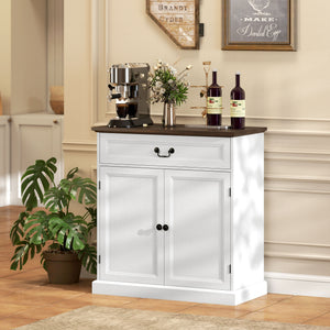 Farmhouse style buffet, thick top, soft-close drawer and adjustable shelf, white wood finish.