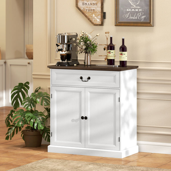Farmhouse style buffet, thick top, soft-close drawer and adjustable shelf, white wood finish.
