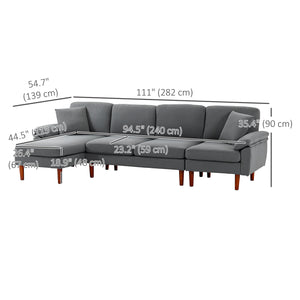 Modern L-shaped sectional sofa with removable chaise, cushions and wooden legs, dark gray