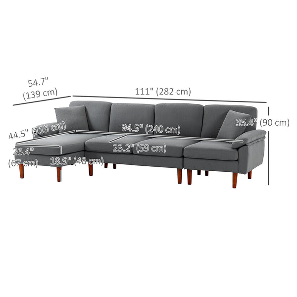 Modern L-shaped sectional sofa with removable chaise, cushions and wooden legs, dark gray
