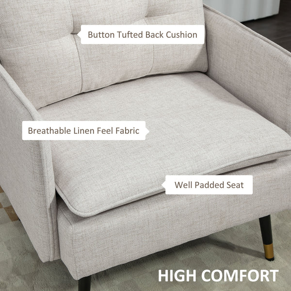 Modern upholstered accent chair with tufted back and steel legs, cream white