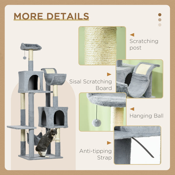 Large 178cm Multi-Level Cat Tree with Hammock, Basket &amp; Sisal Scratching Posts, Blue-Grey