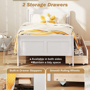 Single bed with 2 storage drawers, wooden platform bed frame