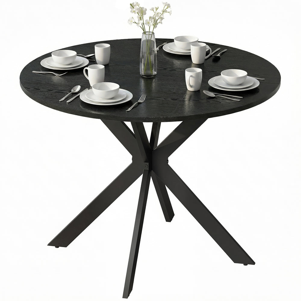 Contemporary round dining table with steel legs, black wood look
