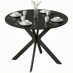 Contemporary round dining table with steel legs, black wood look