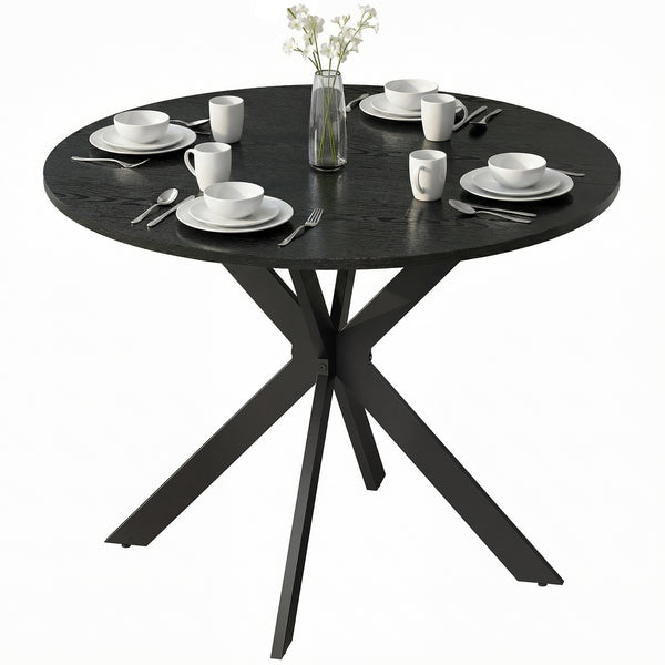 Contemporary round dining table with steel legs, black wood look