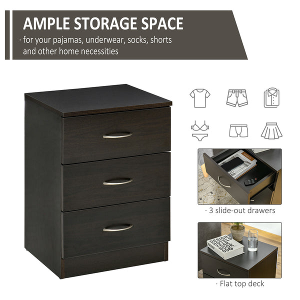 Bedside table with 3 drawers, dark brown