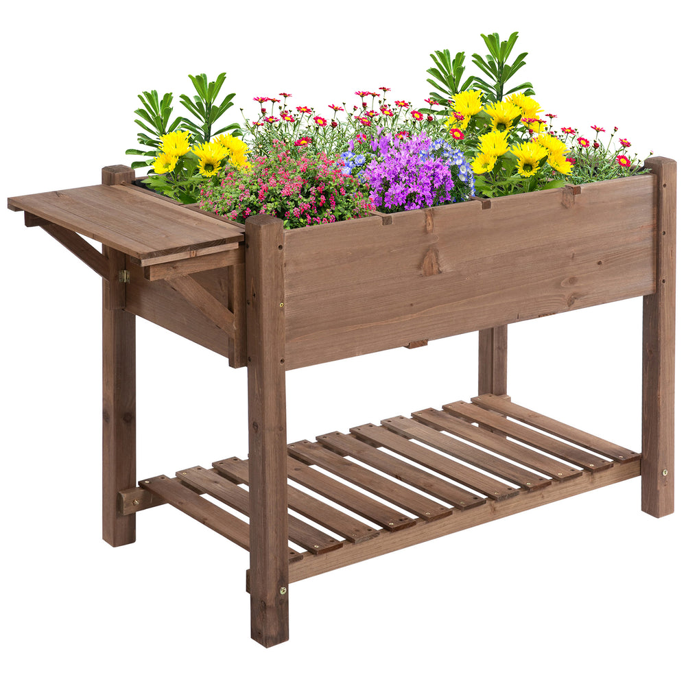 Raised garden bed with 8 compartments and storage shelf, brown