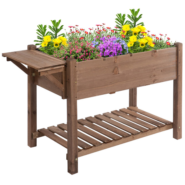 Raised garden bed with 8 compartments and storage shelf, brown
