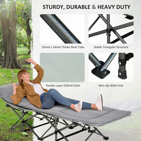 Folding camp bed with mattress and pillow, light grey