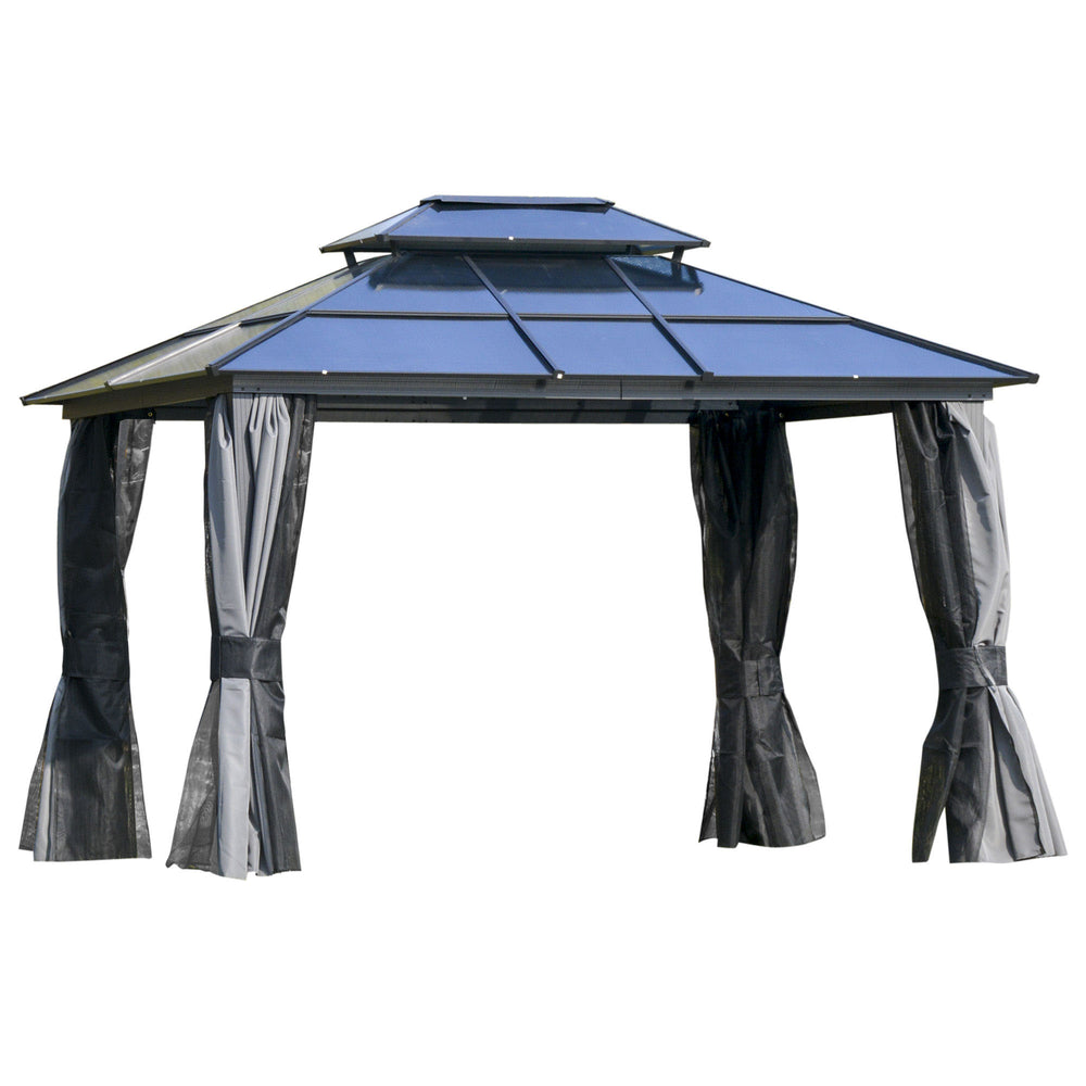 10 x 12 Gazebo with rigid aluminum roof, double slope, curtains and mesh side panels, black and grey