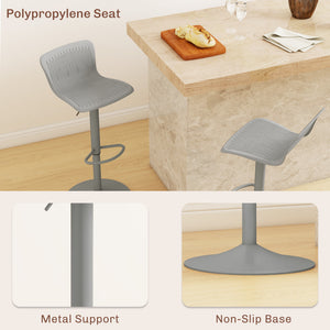 Set of 2 swivel bar stools in polypropylene, adjustable height, footrest and backrest, gray