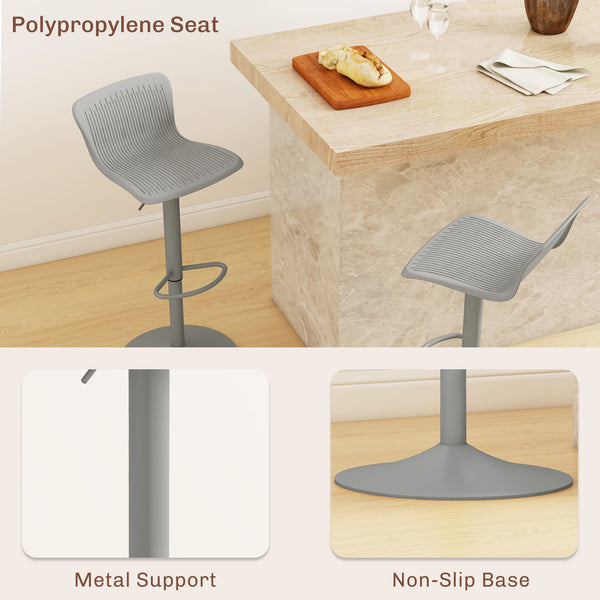 Set of 2 swivel bar stools in polypropylene, adjustable height, footrest and backrest, gray