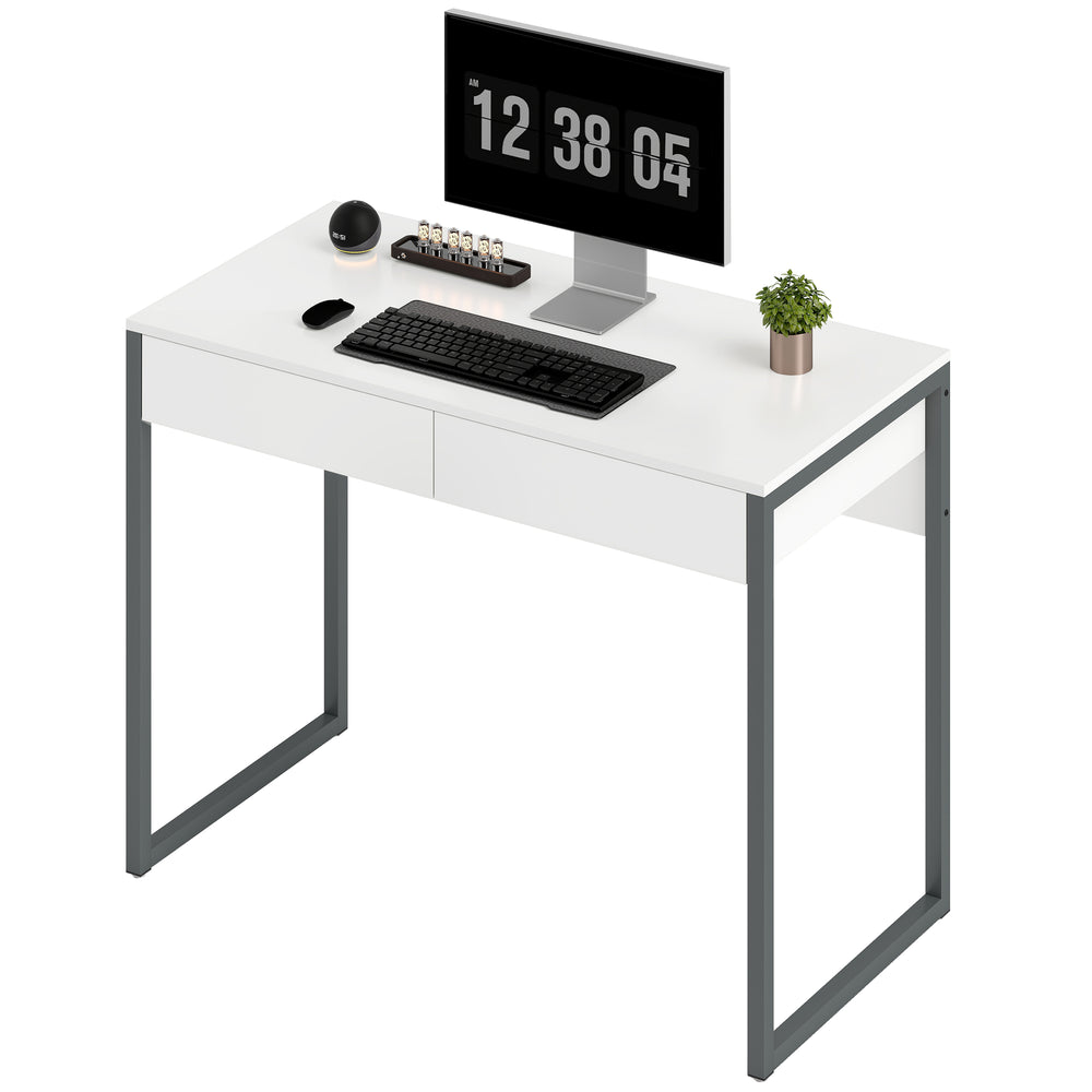 Glossy Computer Desk with 2 Drawers for Small Spaces, White and Grey