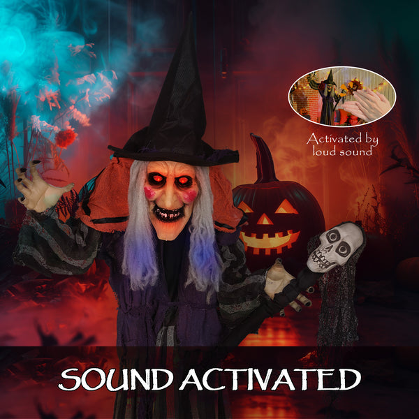 Standing Witch, Voice-Activated Accessory with Skull-Shaped Staff and Flashing Eyes