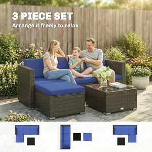 3-piece patio furniture set with cushions, woven PE rattan with glass coffee table