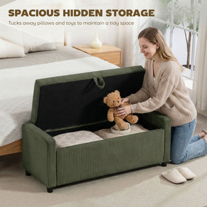 Corduroy Storage Ottoman with Thick Padding, Bedroom Storage Bench, Dark Green