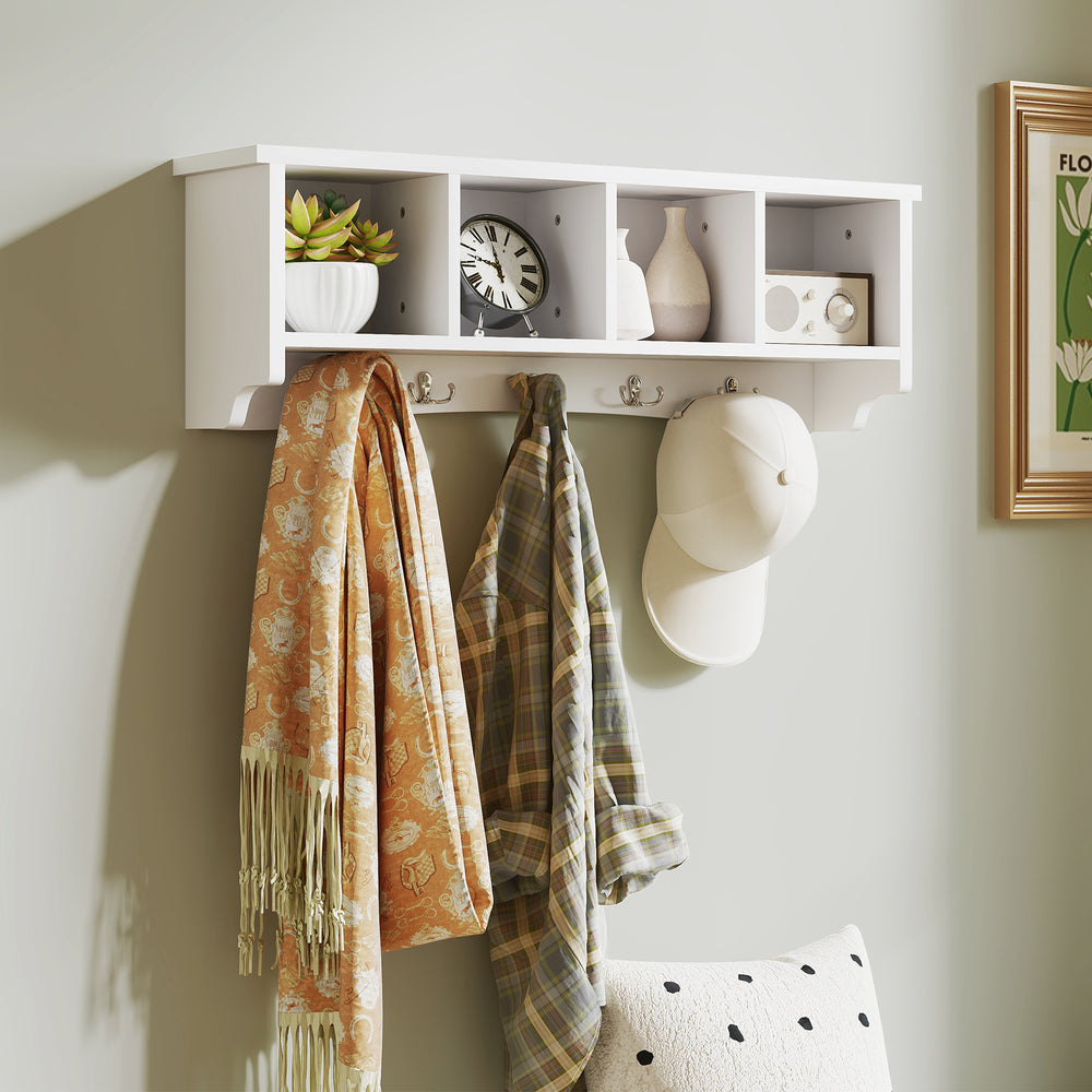 Wall-mounted coat rack with shelf, white