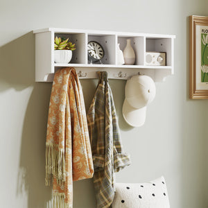 Wall-mounted coat rack with shelf, white