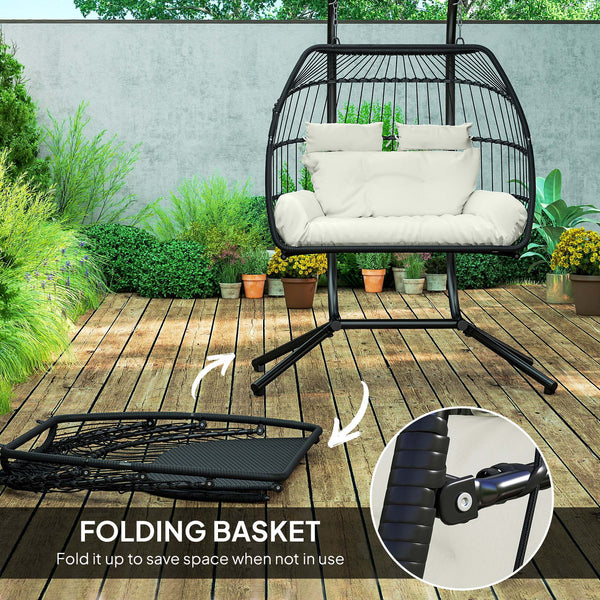 double wicker swing with hanging stand, UV-resistant cushion, cream white