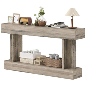 Narrow, vintage-style console table with storage shelf, light brown