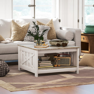 Farmhouse Style Two-Tier Square Coffee Table, Weathered Oak and Brown
