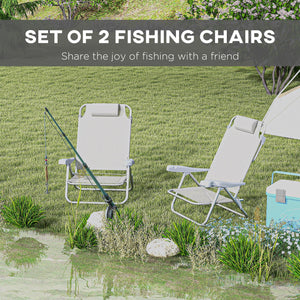 Set of 2 beach chairs, camping chairs with adjustable backrest and headrest, light gray