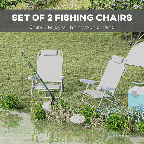 Set of 2 beach chairs, camping chairs with adjustable backrest and headrest, light gray