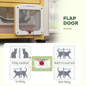 Wooden cat enclosure on wheels with cat flap, beige