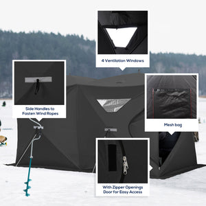 Portable ice fishing shelter for 5 to 8 people, black.