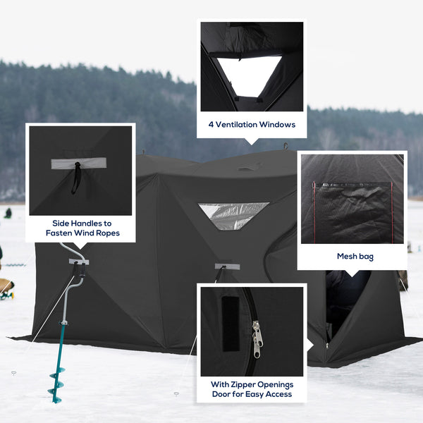 Portable ice fishing shelter for 5 to 8 people, black.